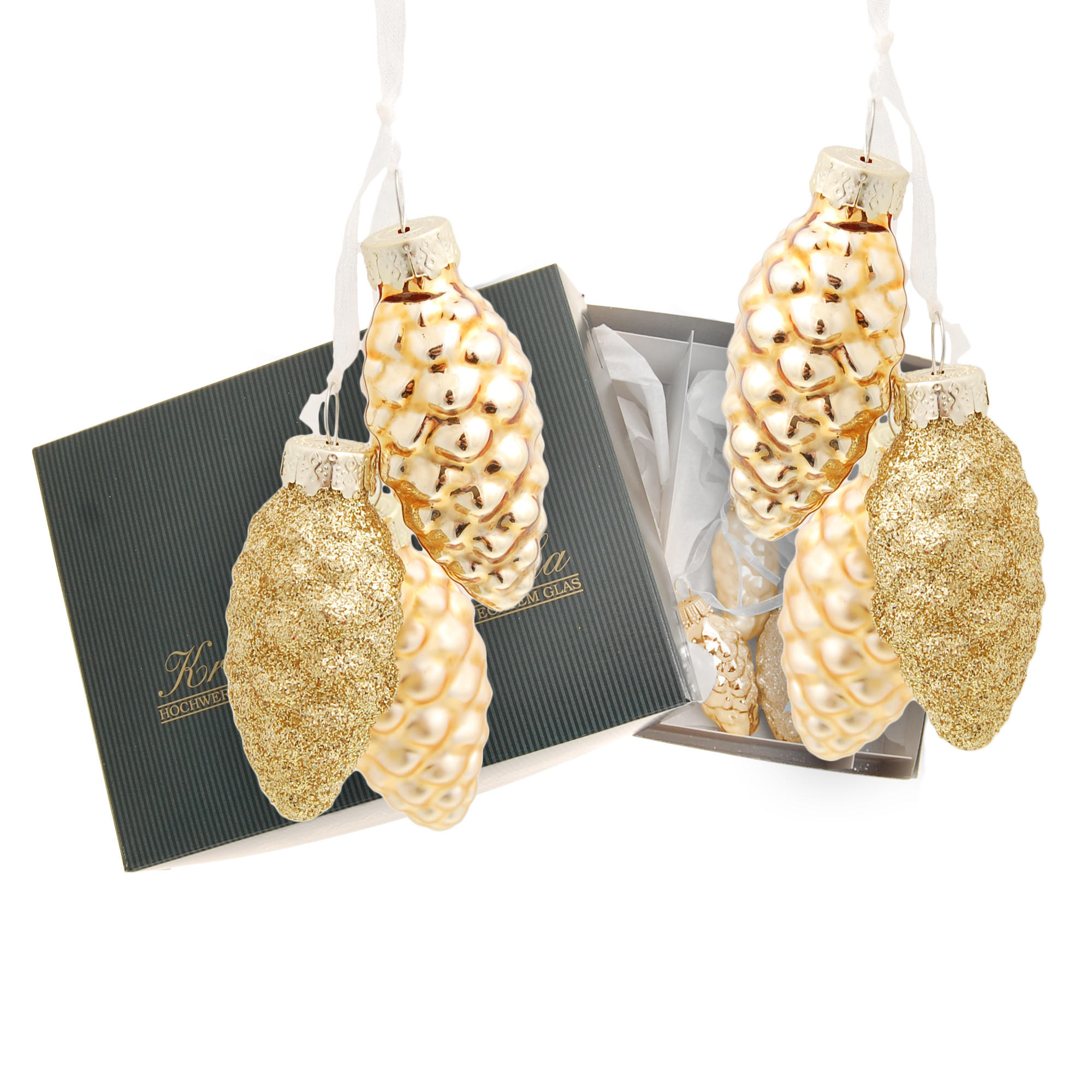 CHRISTBAUMSCHMUCK Tannenzapfen Mini-Set mit Band Goldfarbig 4cm (Glas / 6 Stk.) - Goldfarben, Glas (2/4/2cm) - Krebs Glas Lauscha