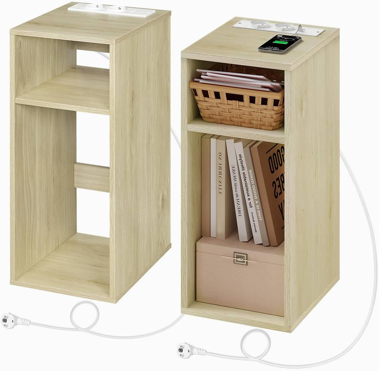 NACHTTISCH 2er Set mit Ladefunktion, 2 offene Fächer, Hell Eiche - Eichefarben, Holzwerkstoff (25/60/30cm) - Woltu