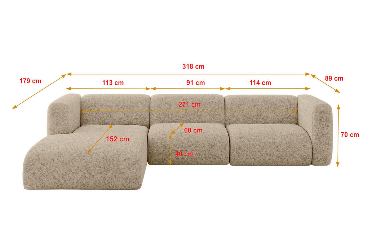 ECKSOFA Ottomane Links MIRA-L2 318x179x89 Braun Velours - Schwarz/Braun, Holzwerkstoff/Kunststoff (318/179cm) - ALTDECOR