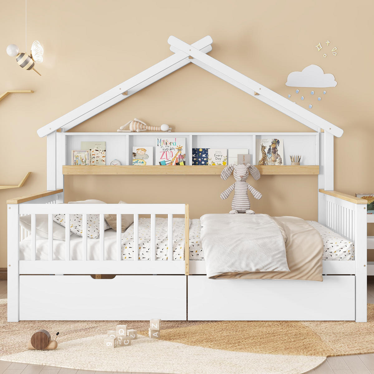 KINDERBETT 140/200 cm in Weiß & Natur mit 2 Schubladen und Dachdesign - Weiß/Naturfarben, Holz/Holzwerkstoff (140/200cm) - CHICFURN