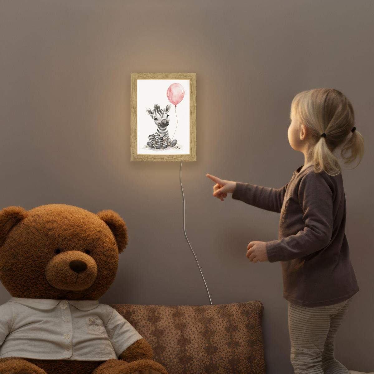 NACHTTISCHLAMPE Zebra - Baby - Tiere - Rosa Luftballon 15x20 cm - Weiß, Holzwerkstoff (8/15/20cm)