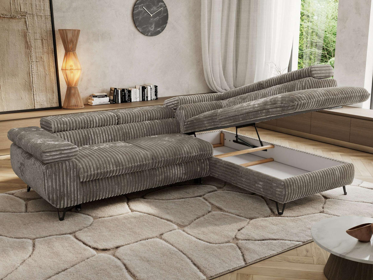 ECKSOFA PABLO L Grau Cord - Rechts Seite mit Visco Topper - Schwarz/Grau, Textil/Metall (273/208cm) - MKS