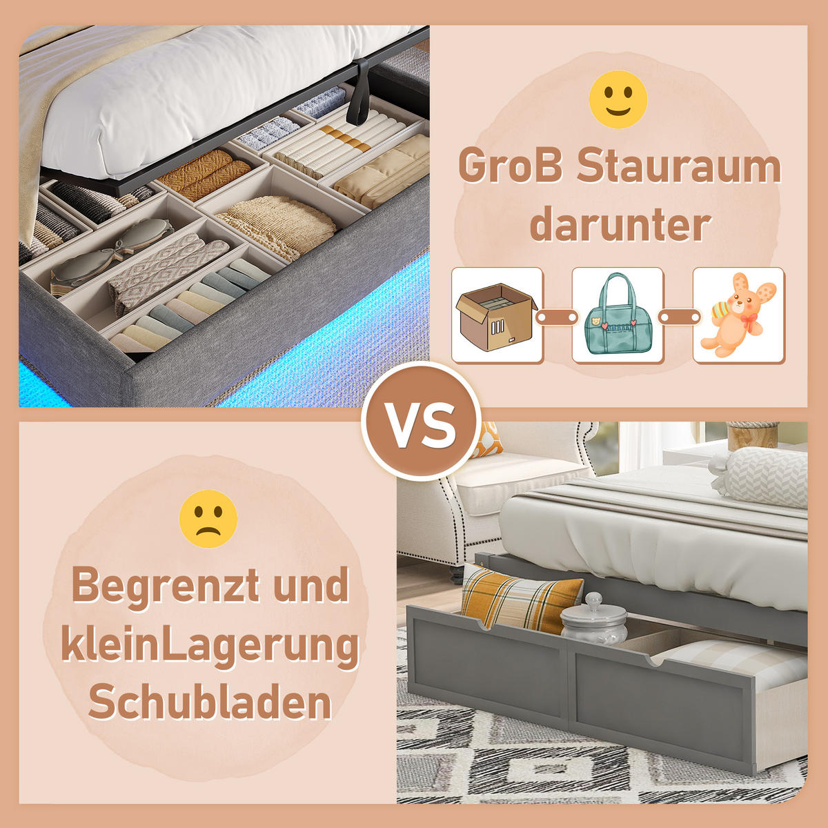 POLSTERBETT 140x200cm Grau LED Hydraulik USB Leinen - Grau, Holz (90/200cm) - FLIEKS