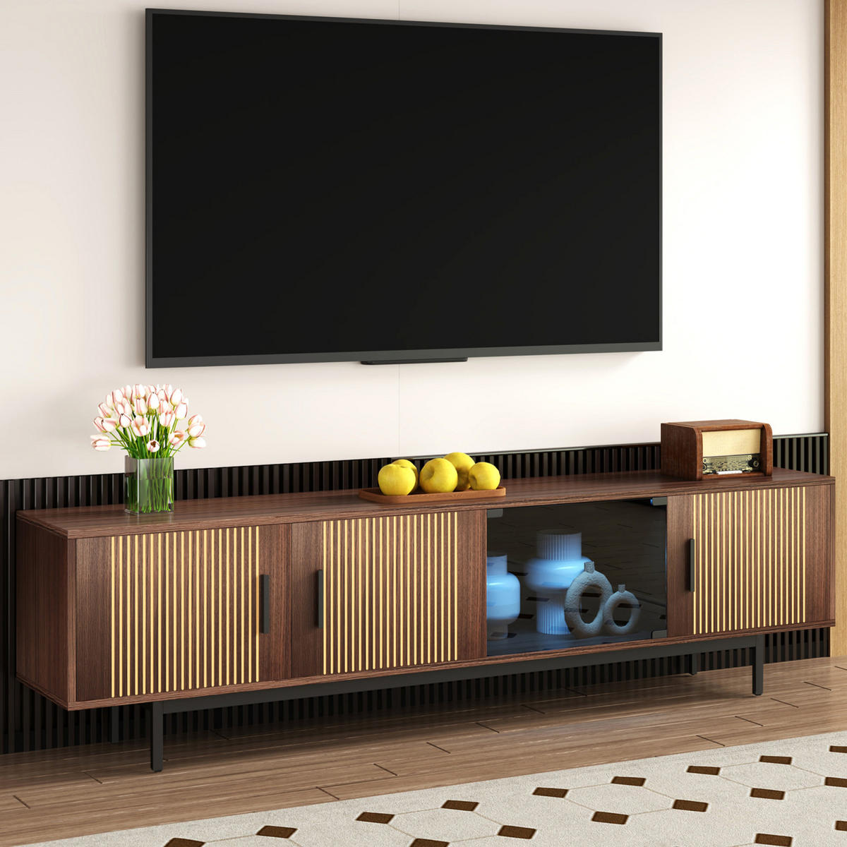 TV Lowboard LED, Strukturfront, Glastür, Schwarz - Schwarz, Holz (200/53/35cm)