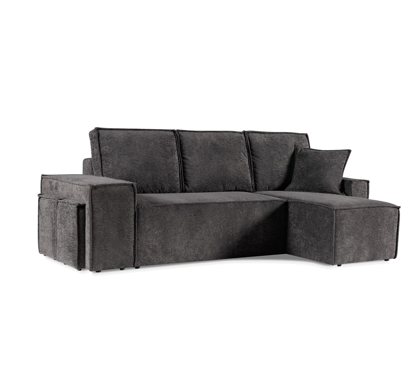 ECKSOFA mit Schlaffunktion COLINS - Bouclé-Stoff Dunkelgrau - Inkl. 2 Hocker - Dunkelgrau, Textil (259/153cm) - Bettso