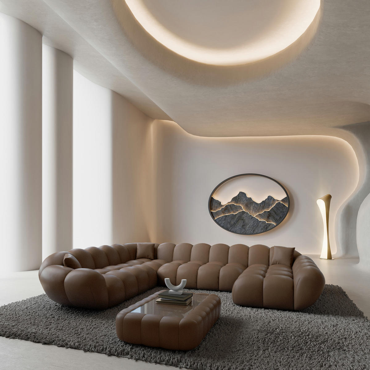 WOHNLANDSCHAFT Liva Braun Kunstleder U-Form XXL Rechts - Braun, Kunststoff (258/70/323cm) - VAROYAL