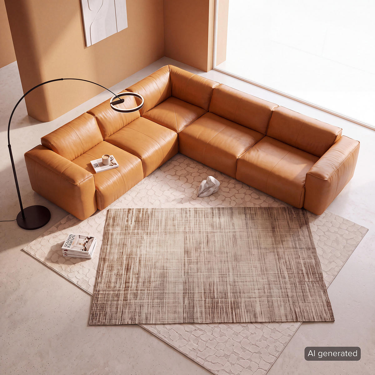 ECKSOFA mit Rundecke - Cognac/Schwarz, Leder/Kunststoff (325/260cm) - home24