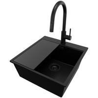 GRANITSPÜLE Oslo, 2-er set Alles Schwarz 48/50 cm 1 Becken + Küchenarmatur 40/20 cm + Ablauf-Set + Schneidebrett ab 50er Unterschrank - Schwarz, Kunststoff (48/20/50cm) - Primagran