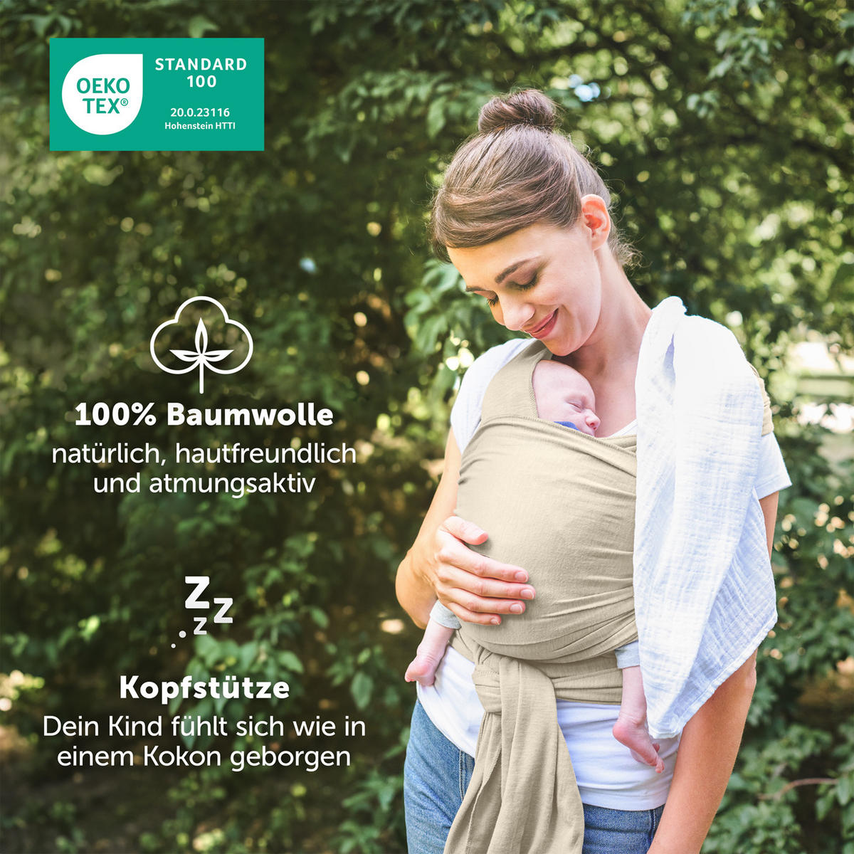 BABYTRAGEN für Neugeborene bis 15 kg - 100% Baumwolle (Ohne Elasthan) - Beige - Beige, Textil (60/5.1cm) - Laleni