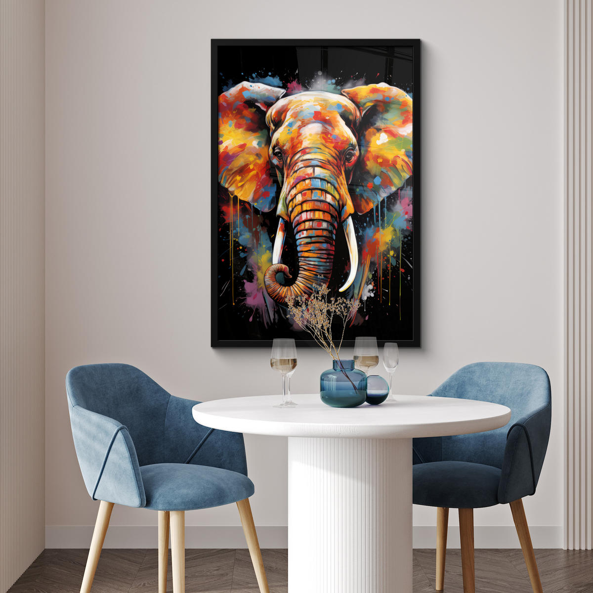 POSTER MIT RAHMEN Elefant - Graffiti - Schwarz - Tiere - Farben 60x90 cm - Schwarz, Papier (60/90cm) - MuchoWow