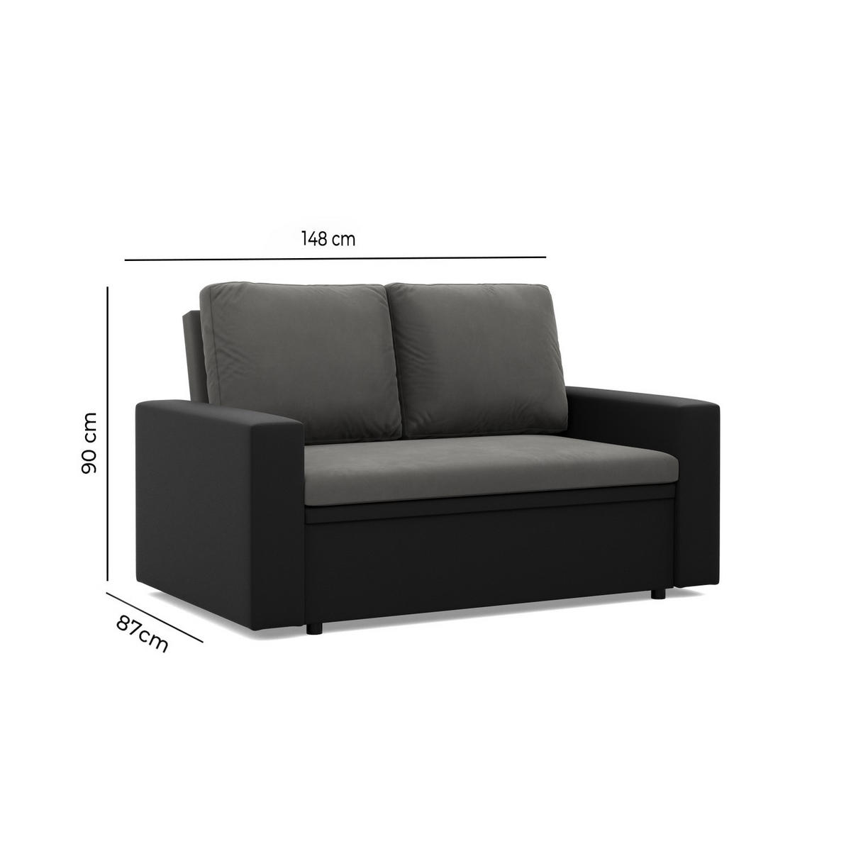 SOFA 2-SITZER MIT SCHLAFFUNKTION LUNA, Schwarz + Schwarz - Schwarz, Textil (148/90/87cm)