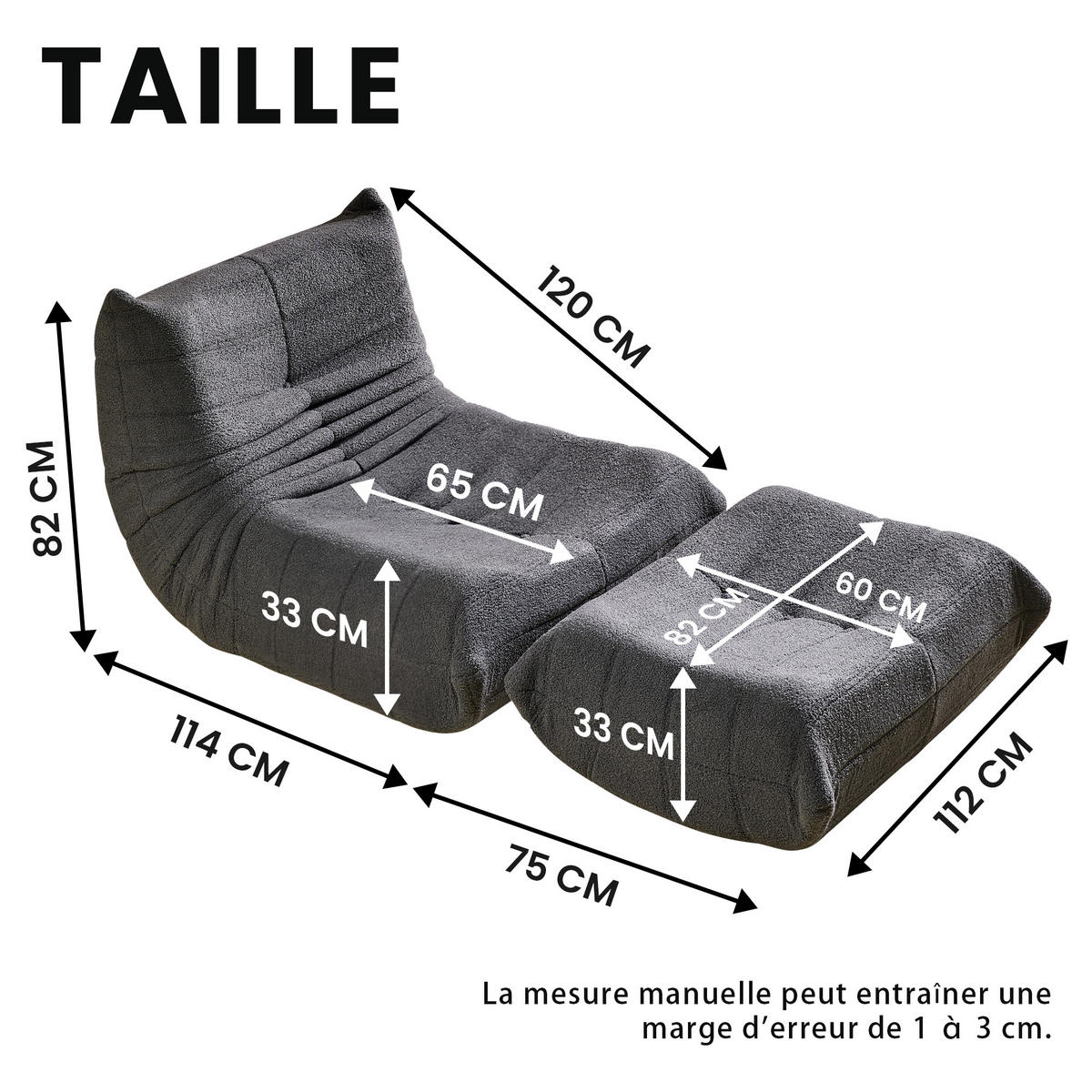 SITZSACK mit Fußstütze in Grau Indoor-Relaxsessel mit Hochelastischer Schwamm, Leicht zu bewegen - Grau, Textil (85/79/114cm) - STILVORA