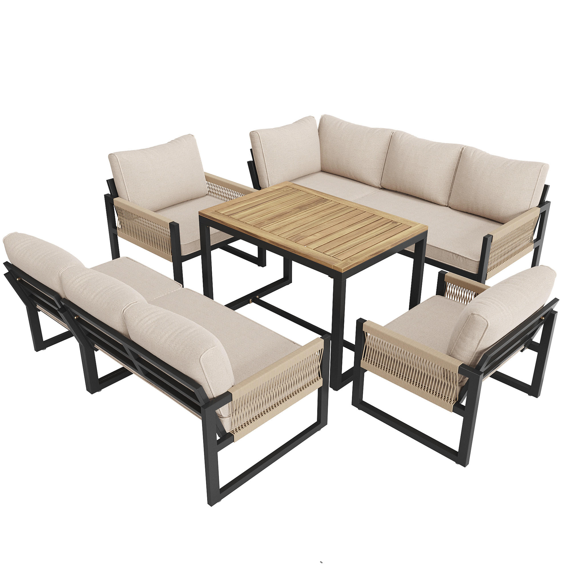 ZAHRADNÍ jídelní set z kovu a polyesteru 95x63x65 cm béžový modulární s polstry 8 cm a ručně tkanými lany - béžová, kov - Modfu