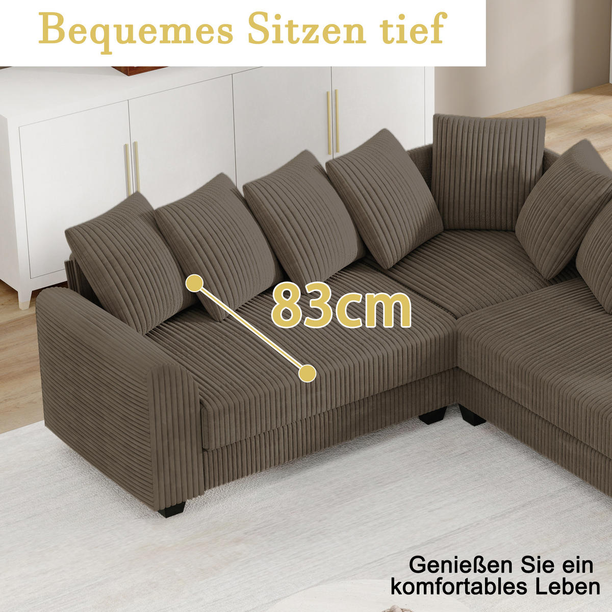 ECKSOFA Cord mit tiefem Sitz, Kissen 202/202/74 cm Braun - Braun, Textil (202/202cm) - Redom