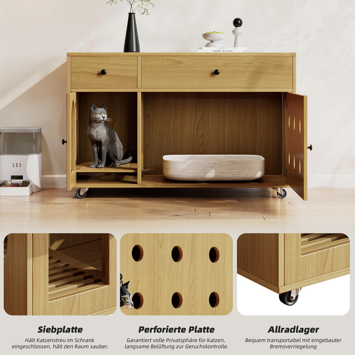 SIDEBOARD Naturgarben aus MDF 100×45×66cm als Katzenkloschrank mit Sandauffangplatte und Schubladen - Naturfarben, Holzwerkstoff (45/66/10cm) - Luhomfu