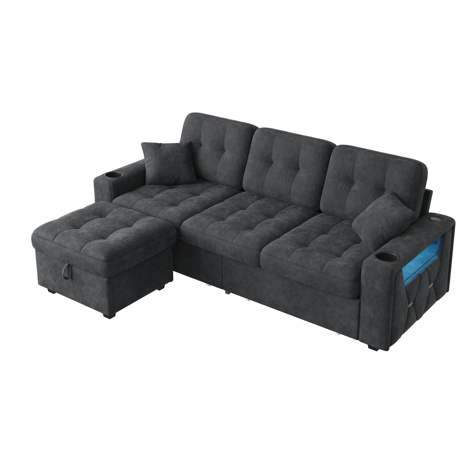BIGSOFA mit Stauraum-Hocker, USB-C, LED und Becherhaltern aus Chenille - Schwarz, Textil (194.5/83/133cm) - EVRYAE
