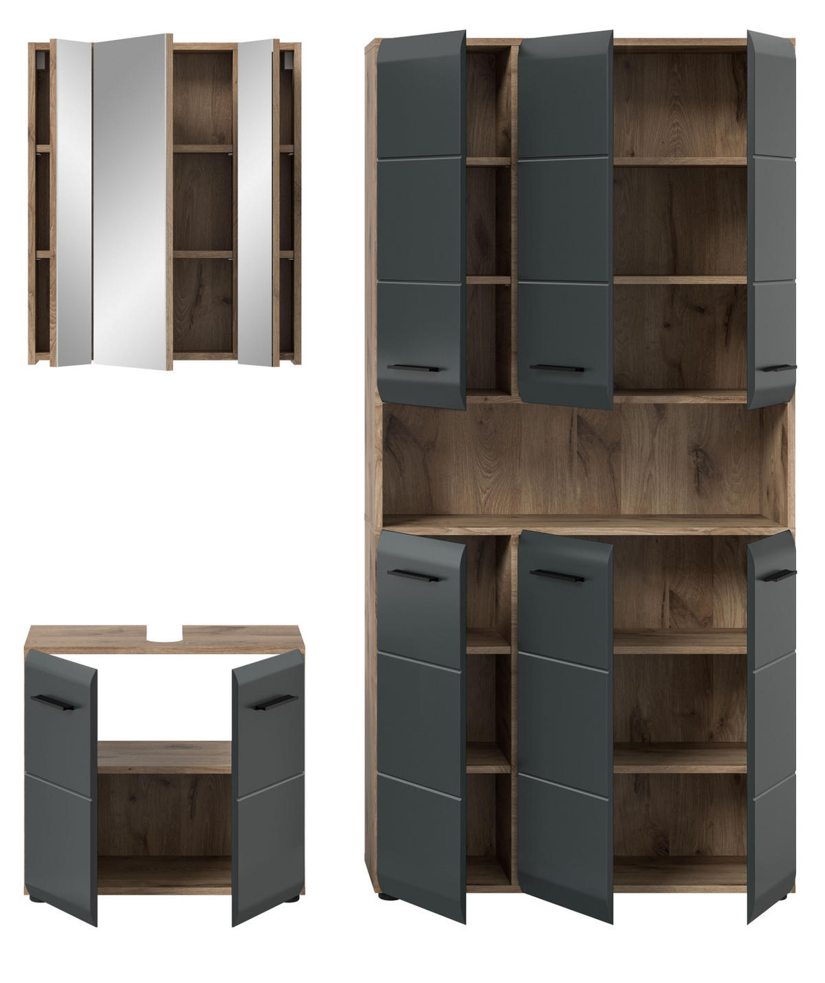 BADMÖBEL-SET schwarz matt, Nox Eiche 3-teilig, Komplettset mit viel Stauraum - Eichefarben/Schwarz, Glas/Holzwerkstoff (165/185/30cm) - Inn.Furn