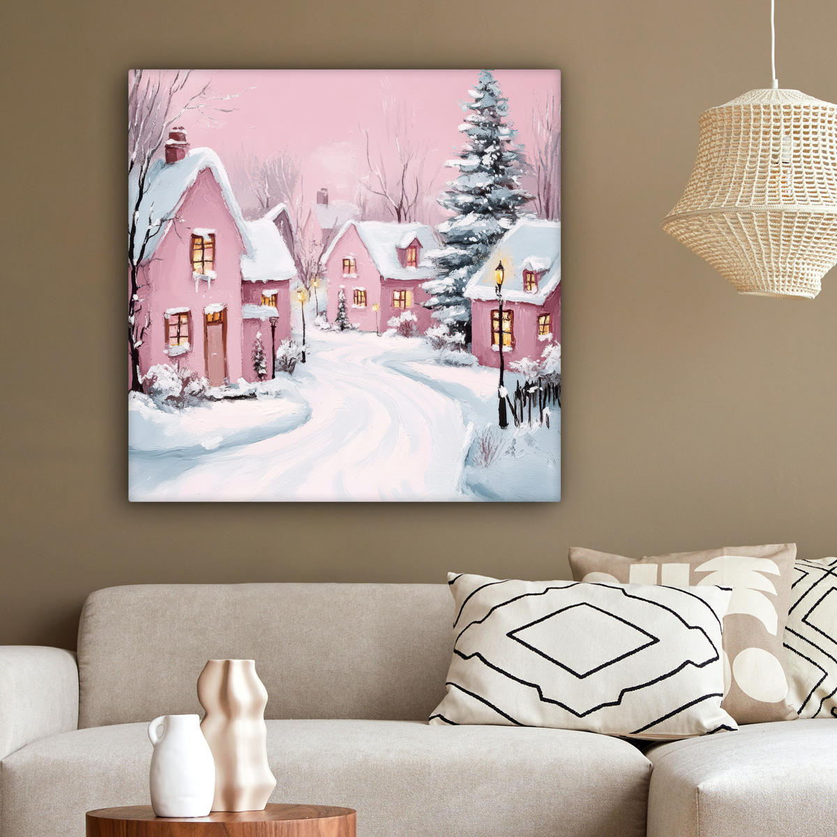 LEINWANDBILD Weihnachtsdorf - Rosa - Winter - Schnee - Häuser 90x90 cm - Altrosa, Textil (90/90cm) - MuchoWow