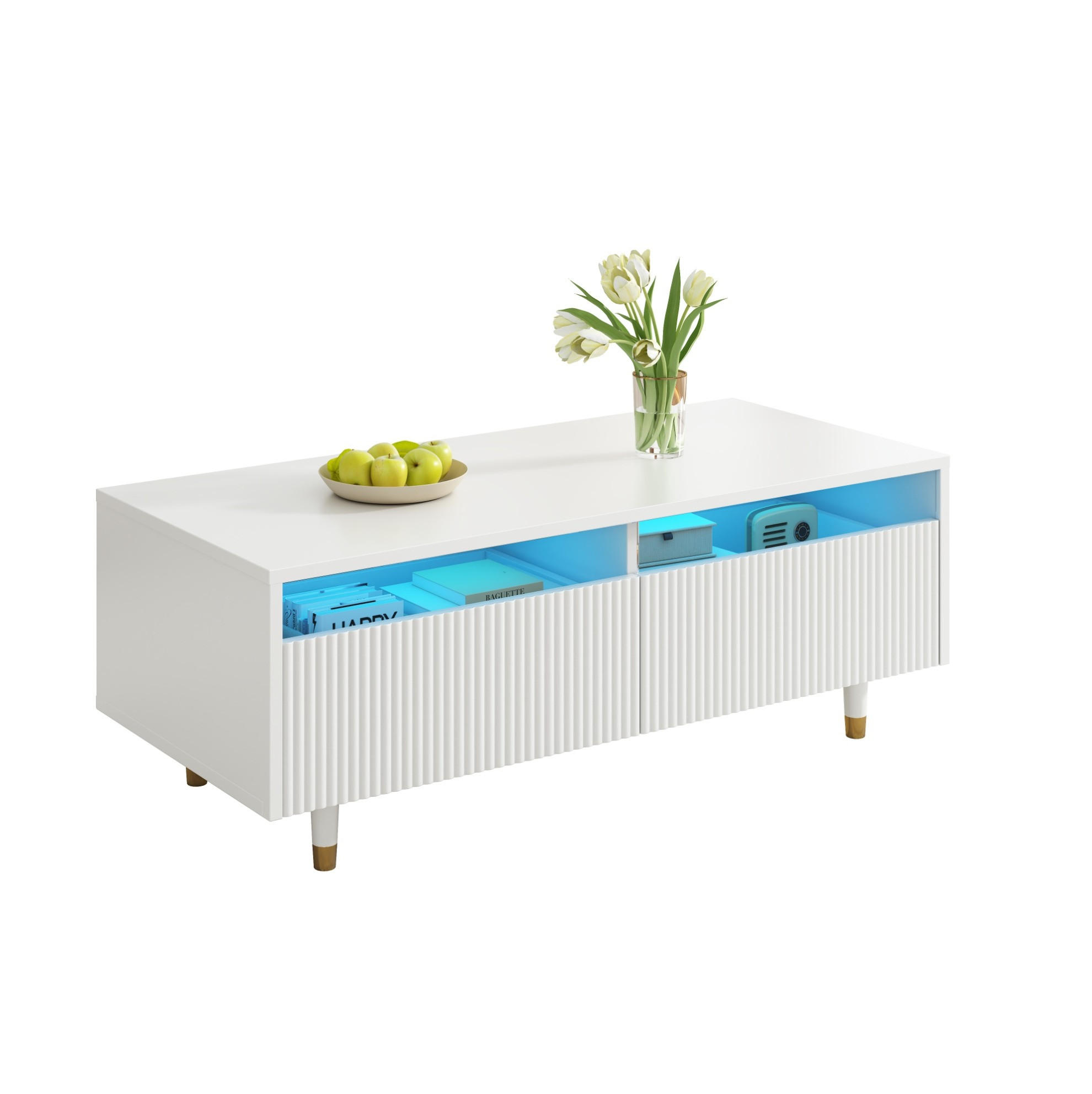 Redom KONFERENČNÍ stolek 110/50/40 cm se 2 zásuvkami a LED osvětlením, vlnitý design, Bílá