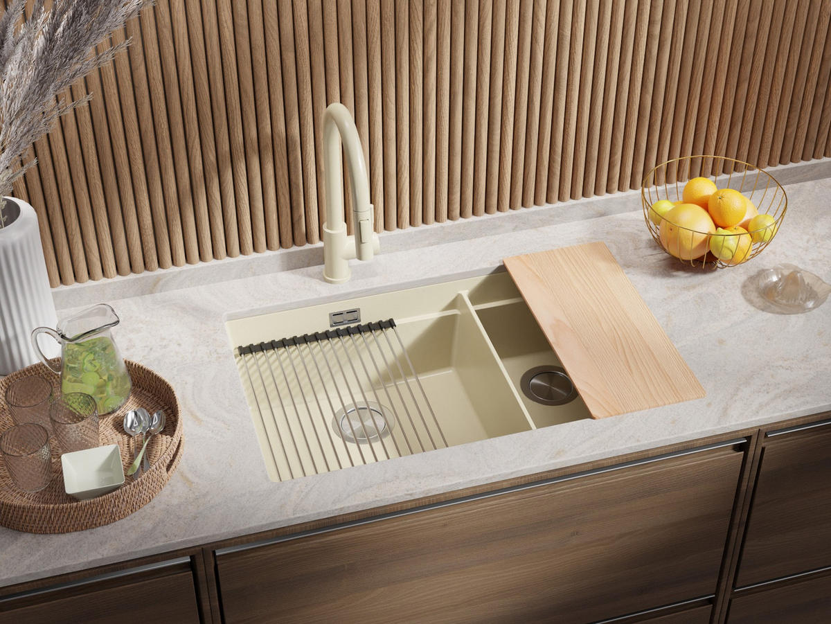 GRANITSPÜLE Praga Slim Duo, 2-er set Beige 76/47 cm 2 Becken + Küchenarmatur 32/20 cm + Ablauf-Set + Aufrollbare Abtropffläche ab 80er Unterschrank - Chromfarben/Beige, Kunststoff (76/20/47cm) - Primagran