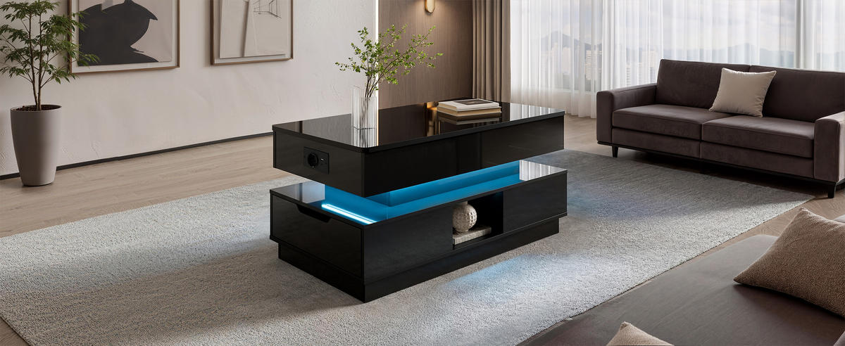 COUCHTISCH Schwarz 90/48/42,5 cm mit LED-Beleuchtung und Hubfunktion - Schwarz, Holzwerkstoff (48/90/42.5cm) - PANGIVO
