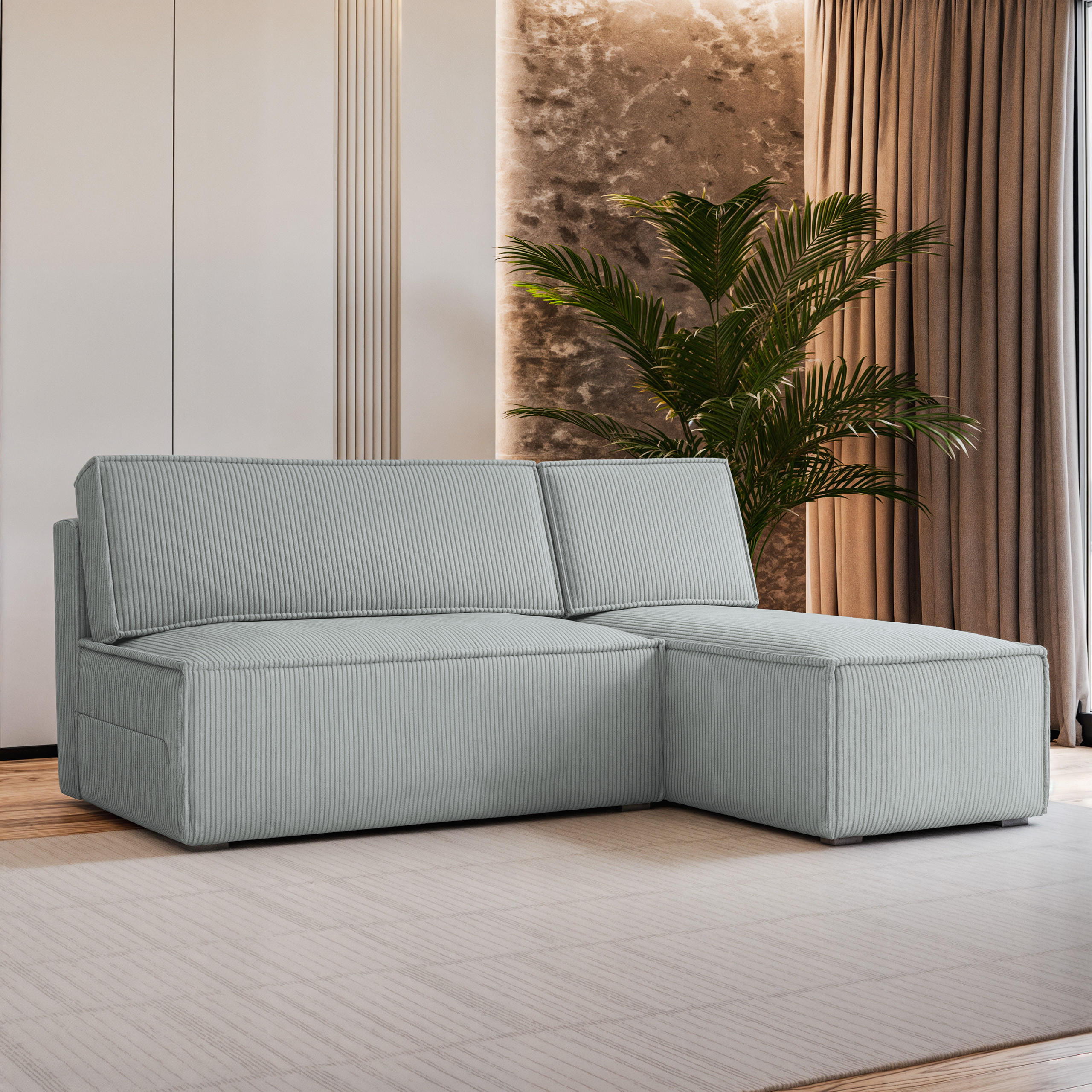 ECKSOFA BRISO P Hellgrau Kordstoff mit Schlaffunktion - Hellgrau, Holz (200/140cm) - MASSENO