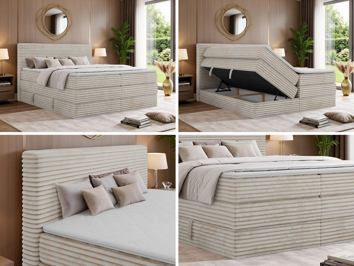 BOXSPRINGBETT TILION KING 140/200 - Beige Cord - Topper Visco - H3 - Beige/Schwarz, Kunststoff/Textil (140/200cm) - MKS