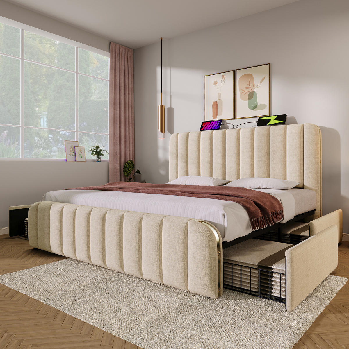 POLSTERBETT aus Leinen 180x200 cm Beige mit 4 Schubladen, USB-/USB-C-Anschluss und Matratze - Beige, Textil (180/200cm) - IVMEU