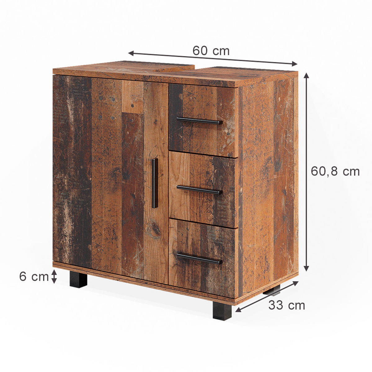 WASCHBECKENUNTERSCHRANK Ilias Eiche rustikal 60 x 60 cm mit Tür und 3 Schubladen - Wildeiche, Holzwerkstoff (60/60.8/33cm) - Vicco