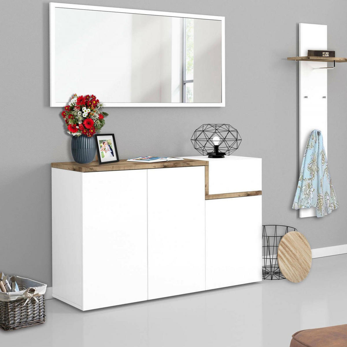 SCHUHSCHRANK Glänzendes Weiß, Ahorn 40/120/80 cm - Ahornfarben/Weiß, Holzwerkstoff (120/80/40cm) - DMORA