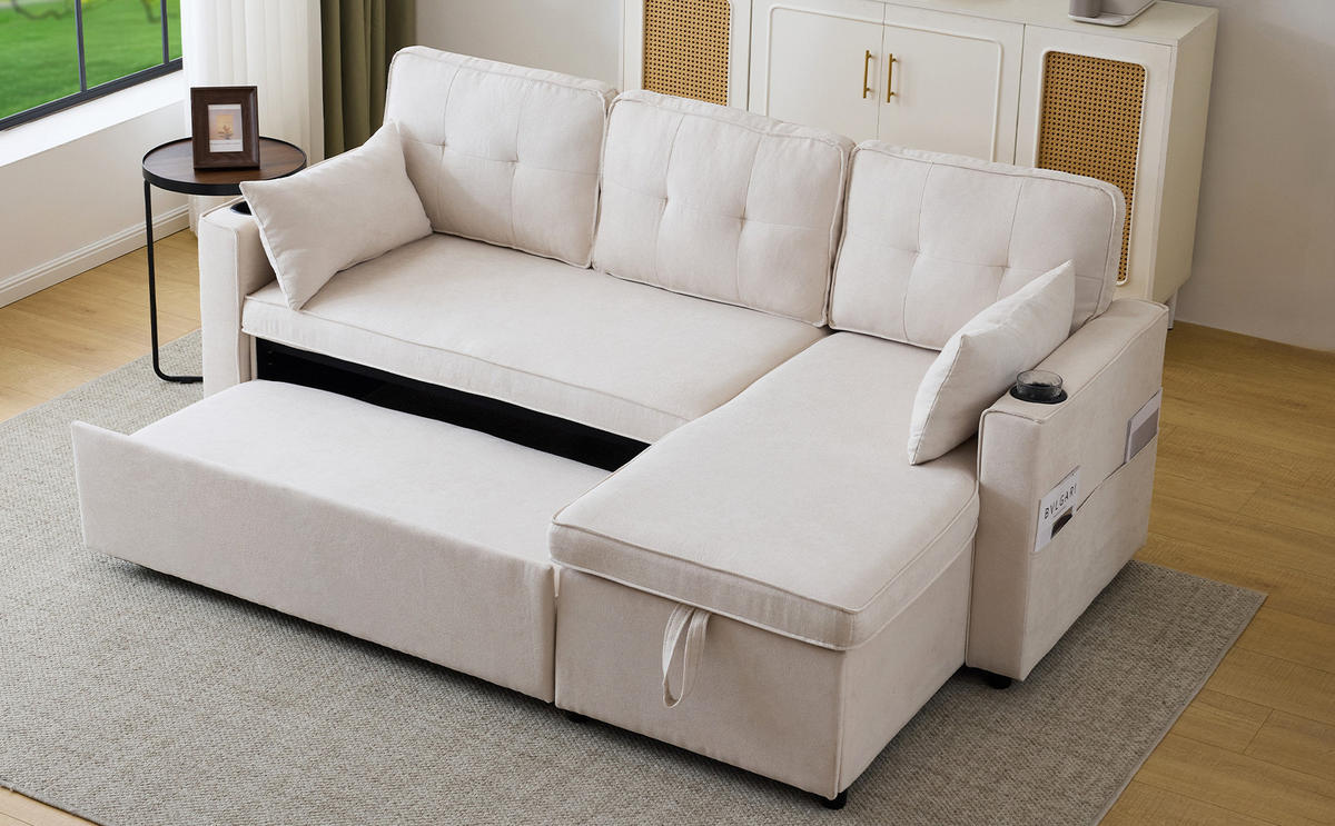 ECKSOFA mit Schlaffunktion, Baumwoll-und Leinenstoffe - Beige, Textil (130/211cm) - Kaket
