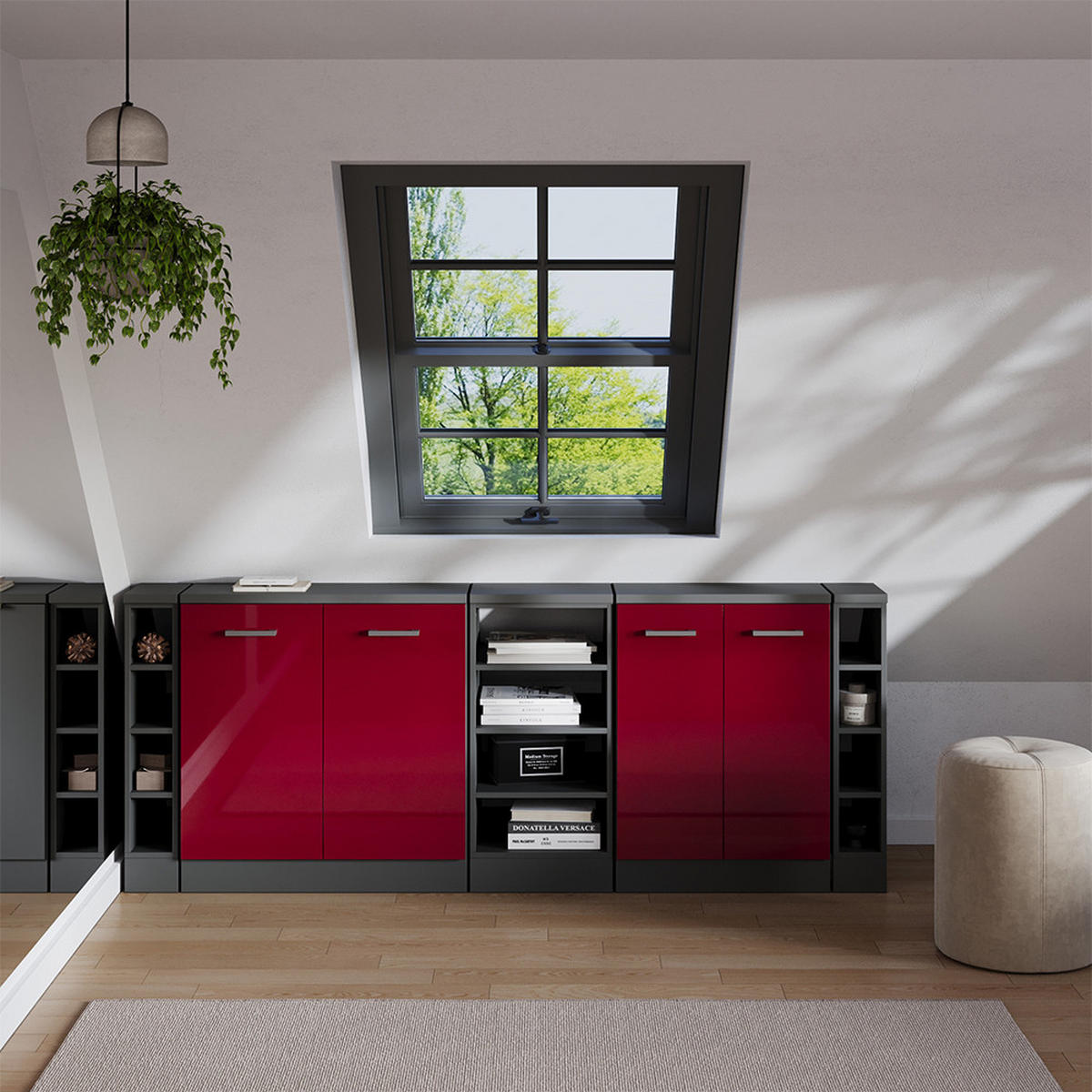 DACHSCHRÄGENSCHRANK-SET Rion Rot Hochglanz 210 cm 5er Set Schrankkorpuss 60 cm Tiefe - Anthrazit/Rot, Holzwerkstoff (210/83.8/60cm) - Vicco