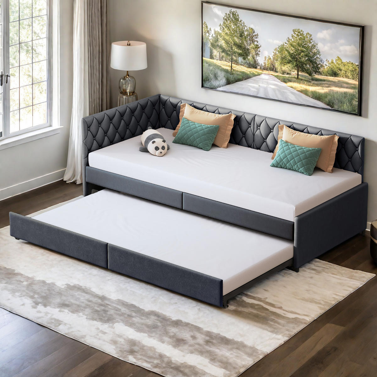 SCHLAFSOFA 90x200 cm, Ausziehbares Polsterbett, multifunktional,Grau - Grau, Holz (96.5/70/205cm)