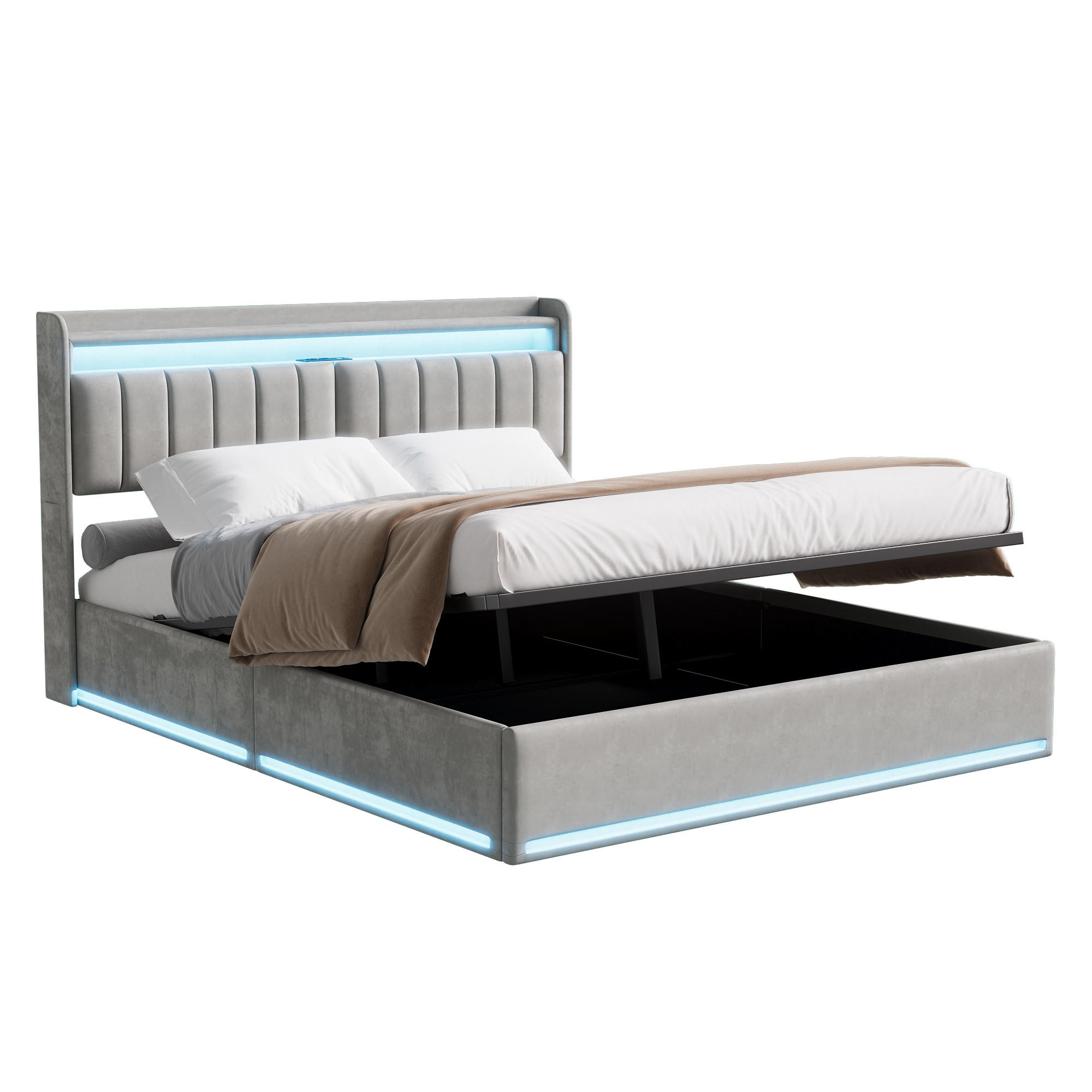 POLSTERBETT 140x200 cm mit LED, USB Und Type-C, Doppelbett mit Bettkasten 140x200, Stauraum, Grau Samt - Grau, Textil/Metall (140/200cm) - GENKI LIVING