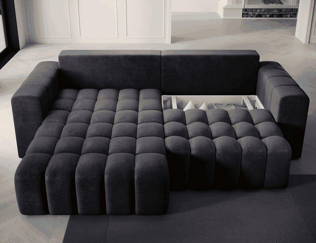 ECKSOFA mit Schlaffunktion und Bettkasten, Velours-Stoff - Dunkelbraun/Schwarz, Textil (250/175cm) - Eltap