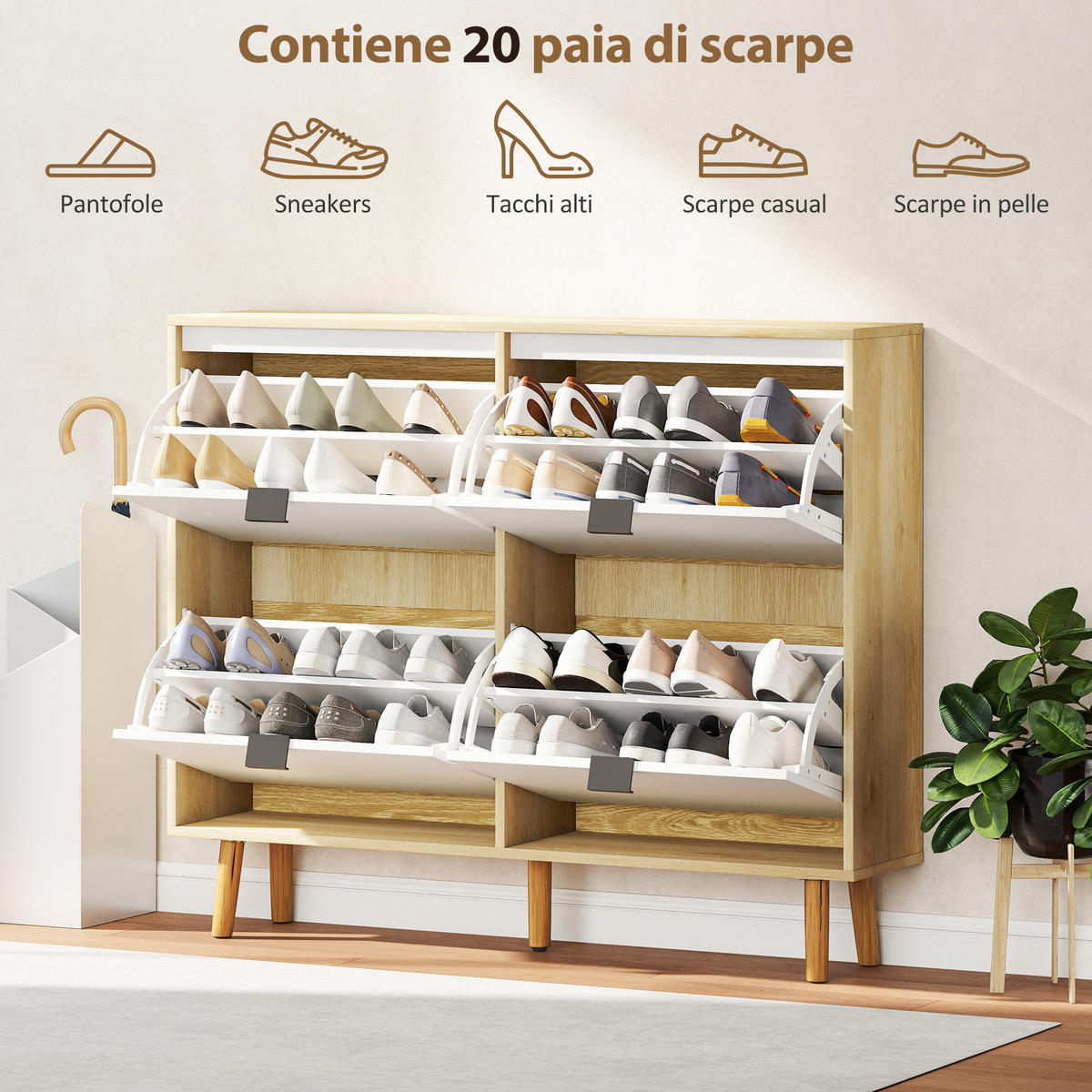 SCHUHREGAL,4 kippbare Schubladen für 20 Paar 105x24x92,5cm,weiß - Weiß, Holzwerkstoff (105/92.5/24cm) - Vallsero