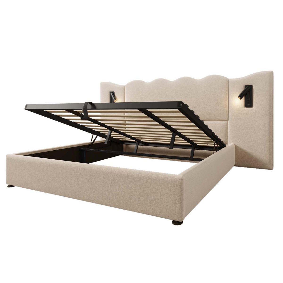 POLSTERBETT 180x200 cm in Beige mit Bettkasten, Leselampe und USB-C-Anschlüssen - Beige, Textil (180/200cm) - IVMEU