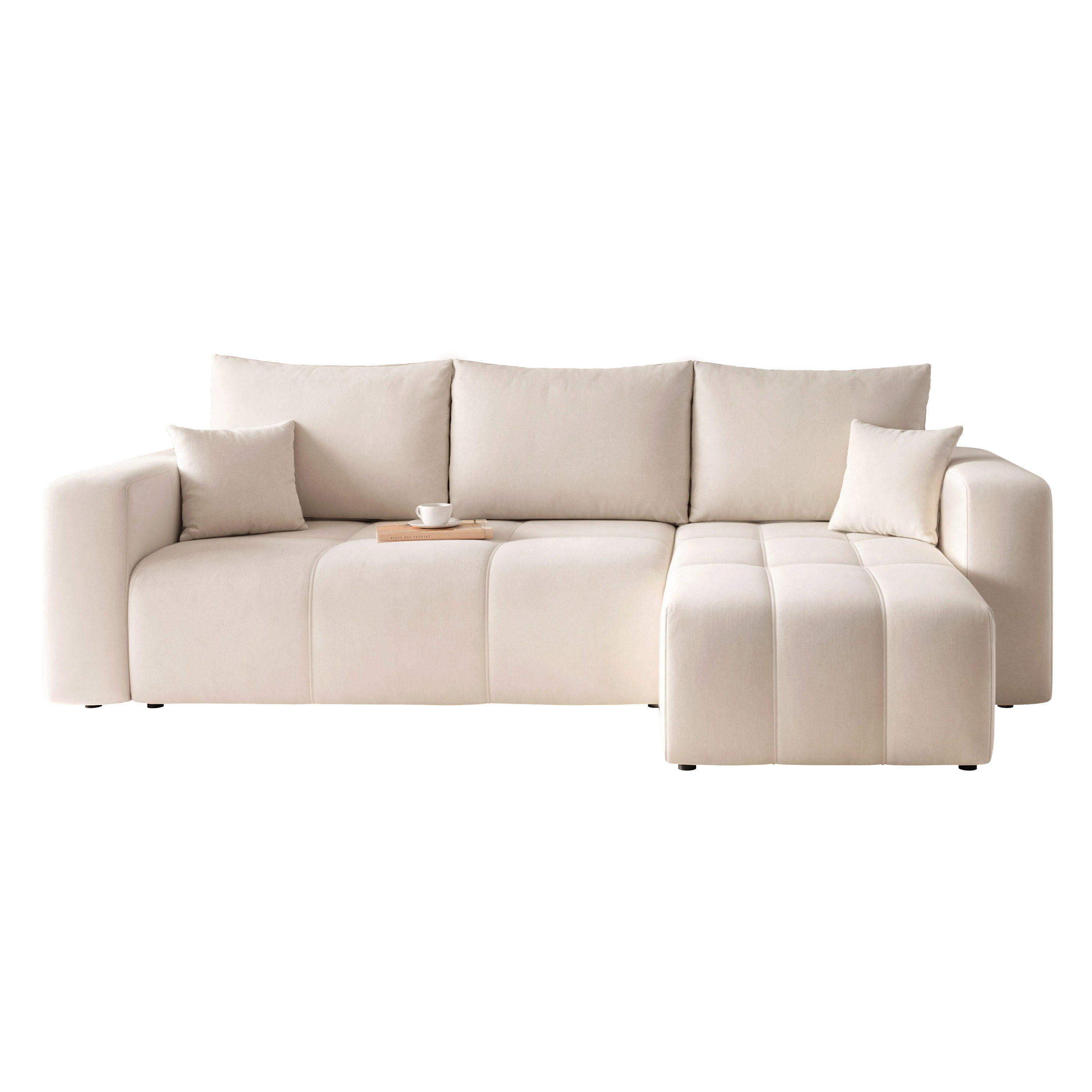 ECKSOFA Creme Velours mit Bettkasten und Schlaffunktion - Creme, Textil (248/145cm) - Idohome