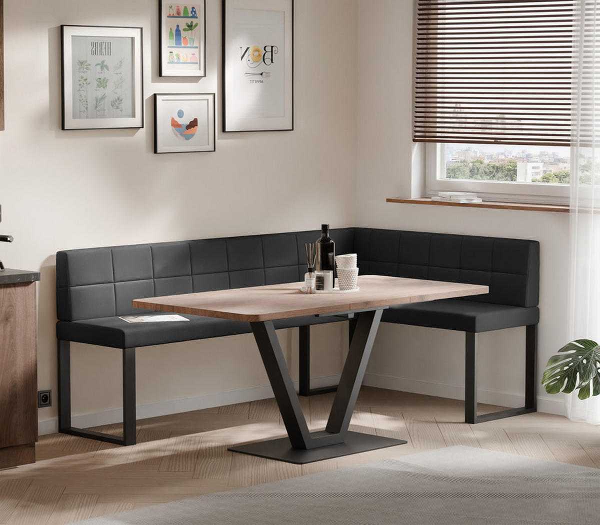 ECKBANK rechts SANA U Kunstleder gesteppt, 128/168 cm Schwarz - Schwarz, Kunststoff/Textil (128/168cm) - Idohome