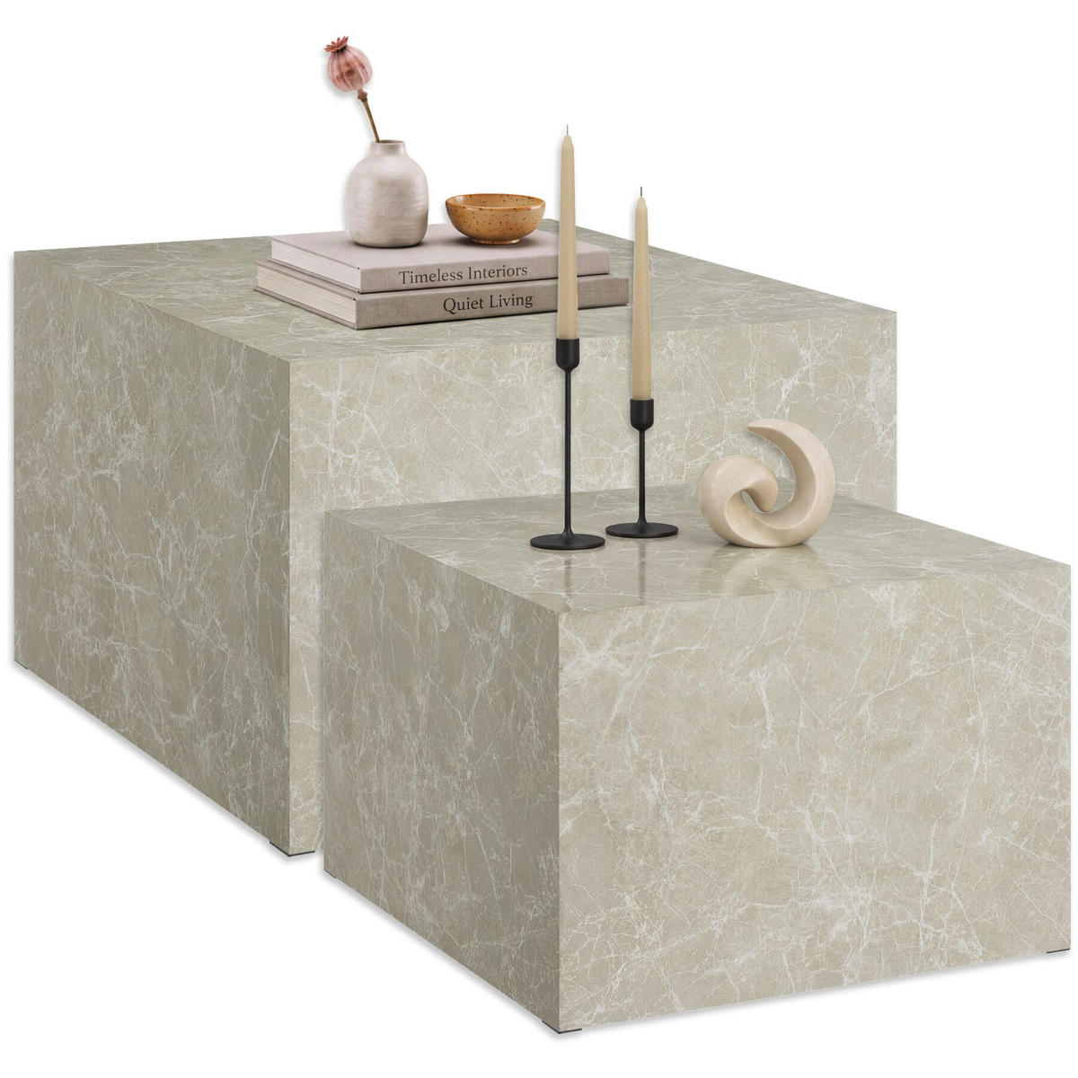 COUCHTISCH 2er Set Lacey, inkl. Filzschoner, Belastbarkeit 45 kg, Travertin Optik - Beige, Holz (60/60/40cm) - tectake