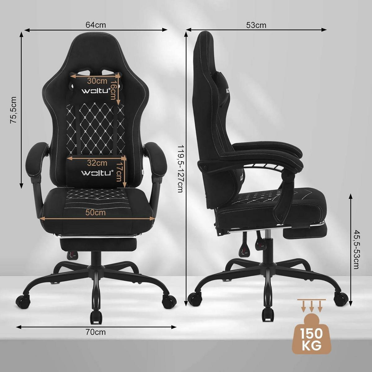 GAMINGSTUHL mit Massagefunktion, Computerstuhl Ergonomisch - Schwarz, Kunststoff/Textil (70/127/70cm) - Woltu