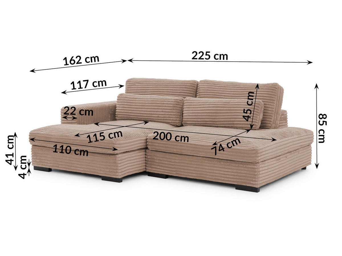 ECKSOFA Wolke mit tiefer Sitzfläche, Schlaffunktion und praktischem Bettkasten aus weichem Beige Cordstoff - Schwarz/Cappuccino, Holz/Kunststoff (162/225cm) - S-Style