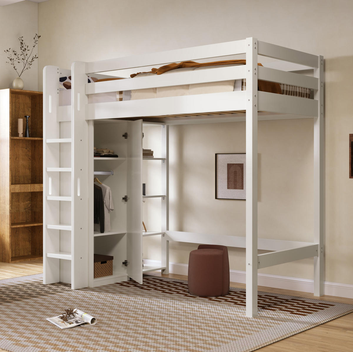 HOCHBETT 90/200 cm in Weiß mit Kleiderschrank und 6 Regalen - Weiß, Holzwerkstoff (90/200cm) - Flora Grace