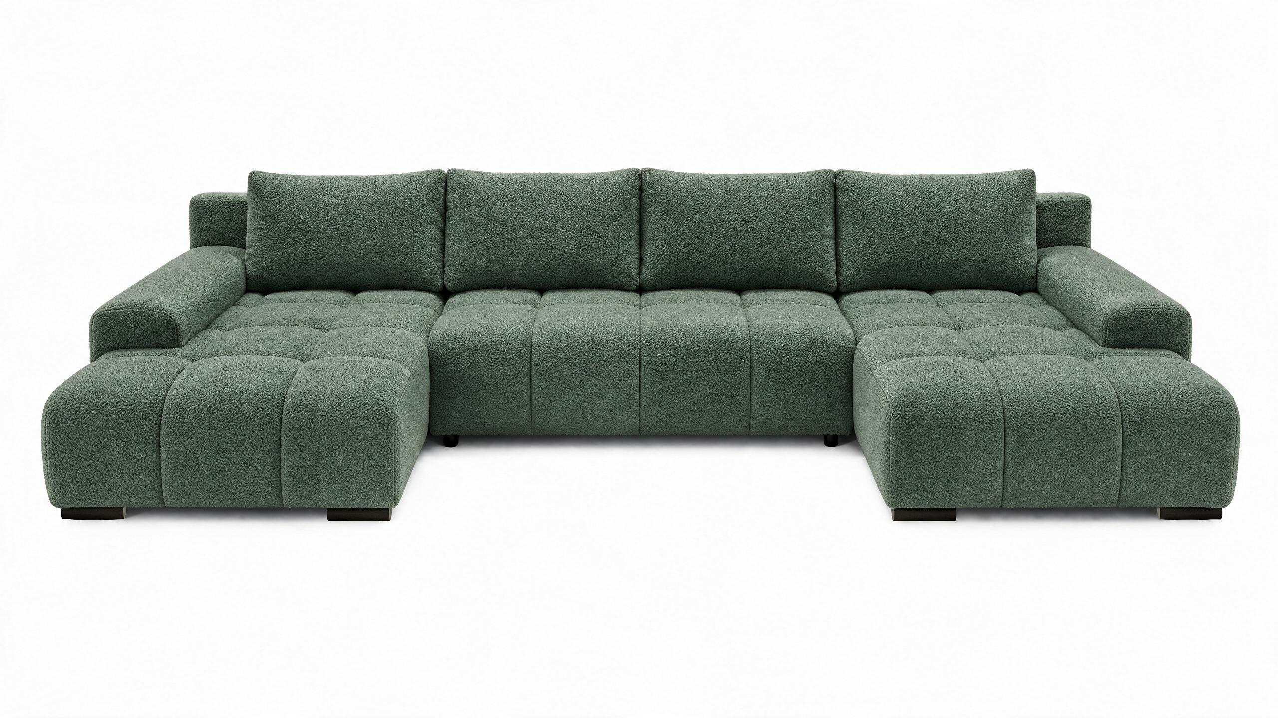 WOHNLANDSCHAFT OVIA U mit Bettkasten und Schlaffunktion, Bouclé-Stoff in U-Form - Grün, Textil (350/80/185cm)