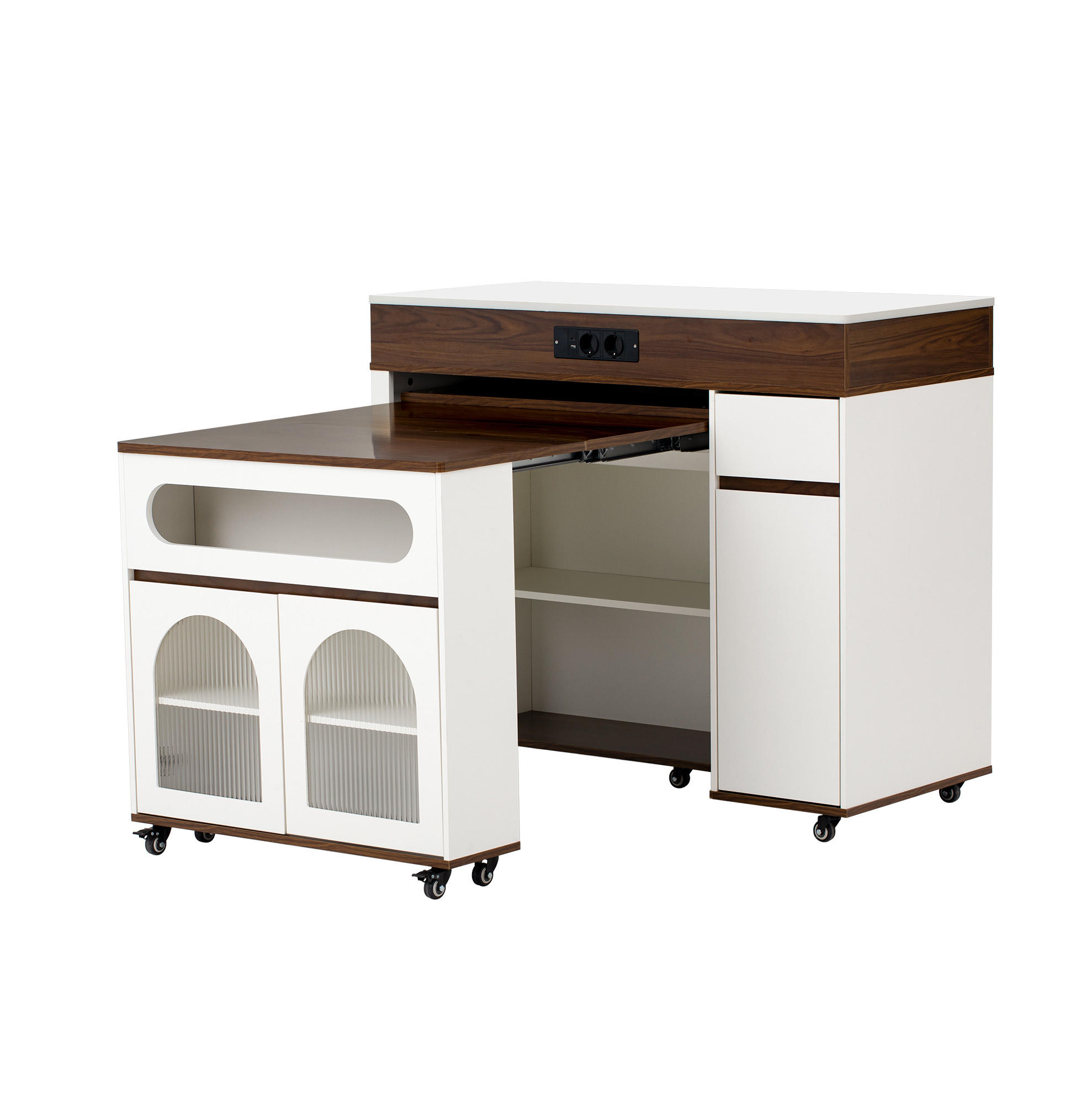 Modfu KUCHYŇSKÝ ostrůvek z MDF 187,5x110,5x95,5 cm bílý/ořechový s výsuvnou deskou, kolečky a zásuvkovou lištou