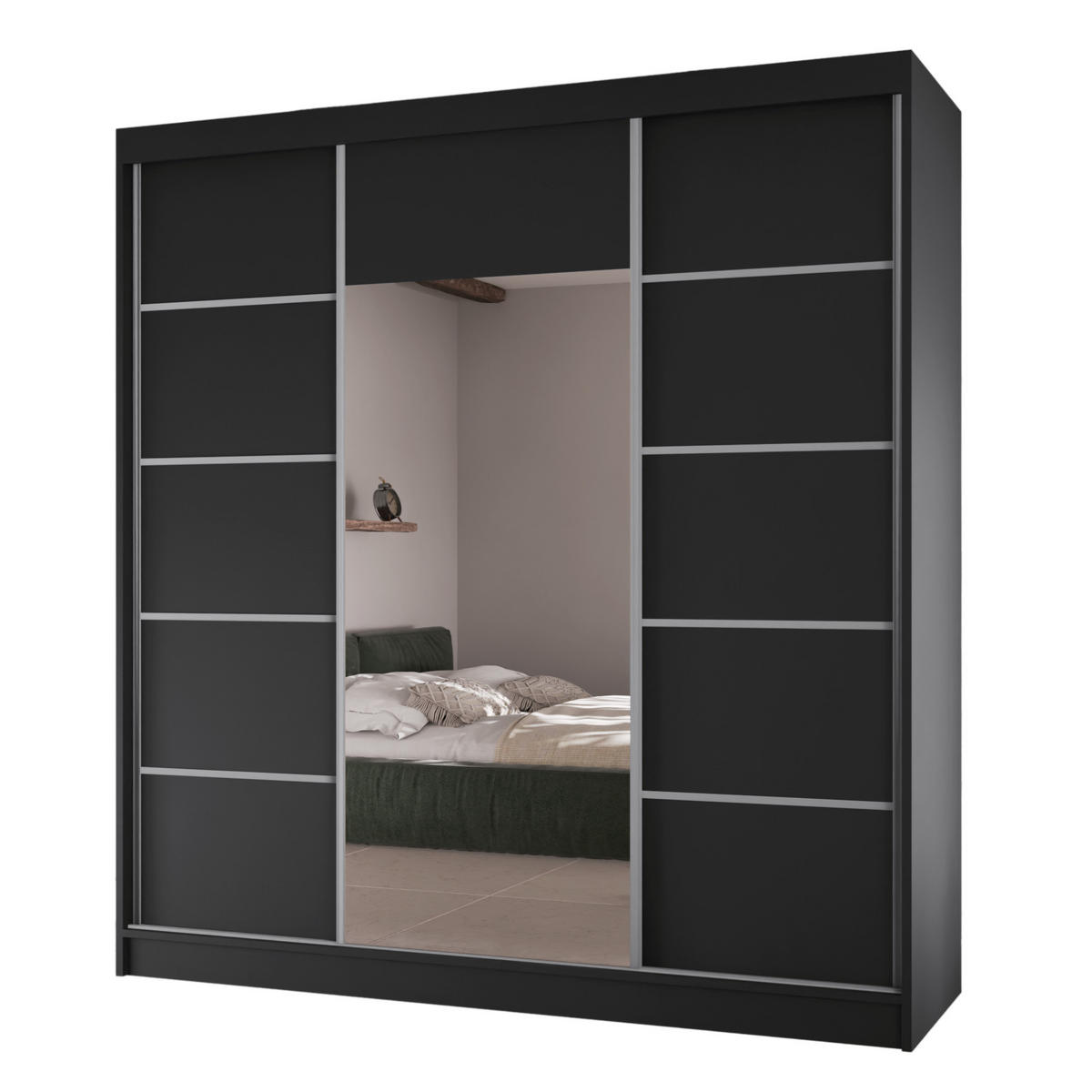 SCHWEBETÜRENSCHRANK Moni mit Spiegel und Zierleisten, 215x200x61cm, Schwarz+Silber - Silberfarben/Schwarz, Holzwerkstoff (200/215/61cm) - AN-Moebel 4u