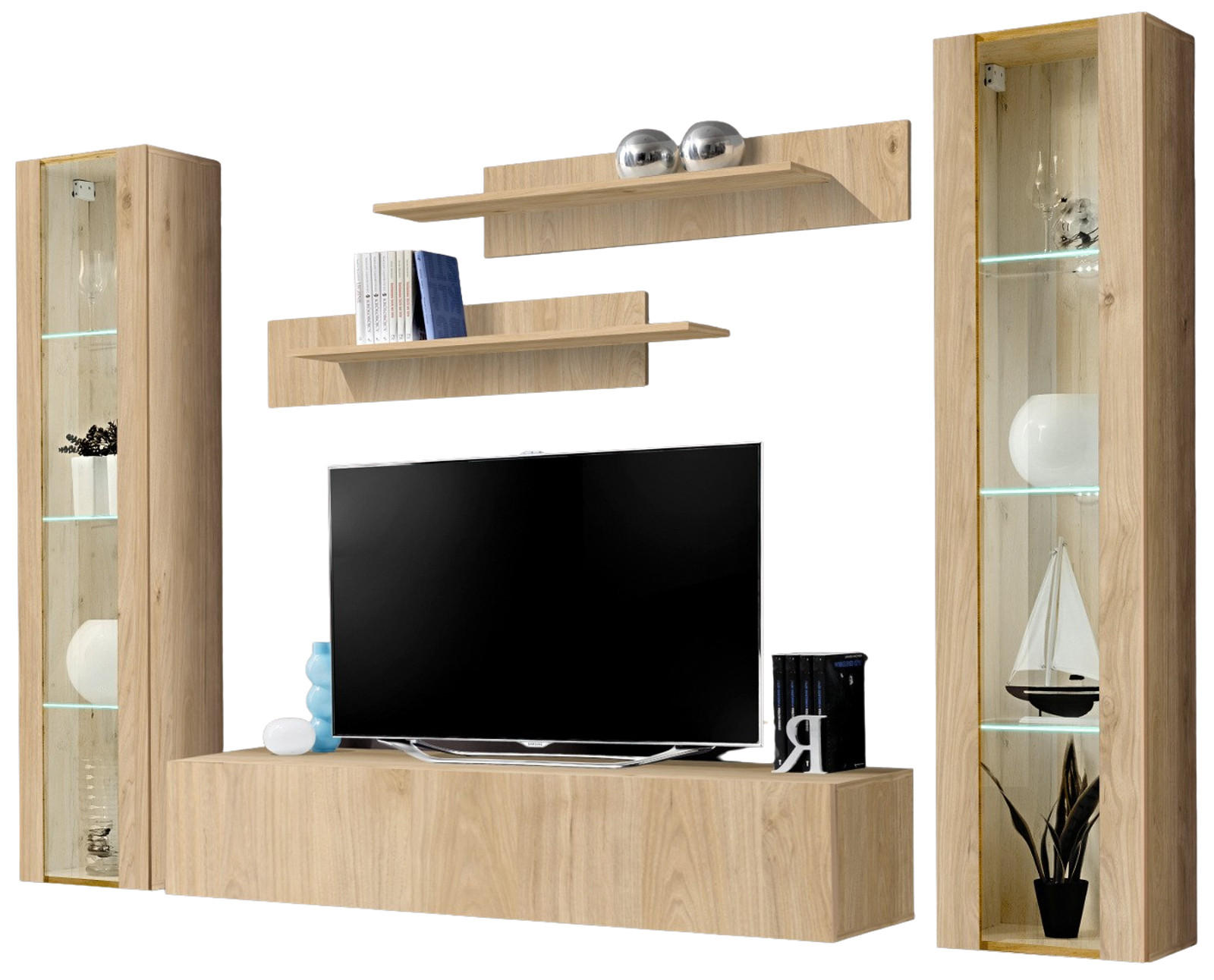 WOHNWAND Eiche Jackson 5-teilig 260 cm, Schrankwand hängend mit LED und Push-to-Open - Eichefarben, Glas/Holzwerkstoff (260/170/40cm) - Inn.Furn