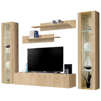 WOHNWAND Eiche Jackson 5-teilig 260 cm, Schrankwand hängend mit LED und Push-to-Open - Eichefarben, Glas/Holzwerkstoff (260/170/40cm) - Inn.Furn