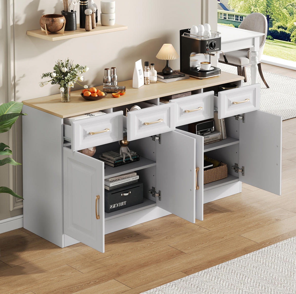 SIDEBOARD, 140/40/75 cm, dřevotříska bílá/barva dubu, se 4 zásuvkami a 4 dveřmi - bílá, kompozitní dřevo (140/75/40cm) - BEAOK