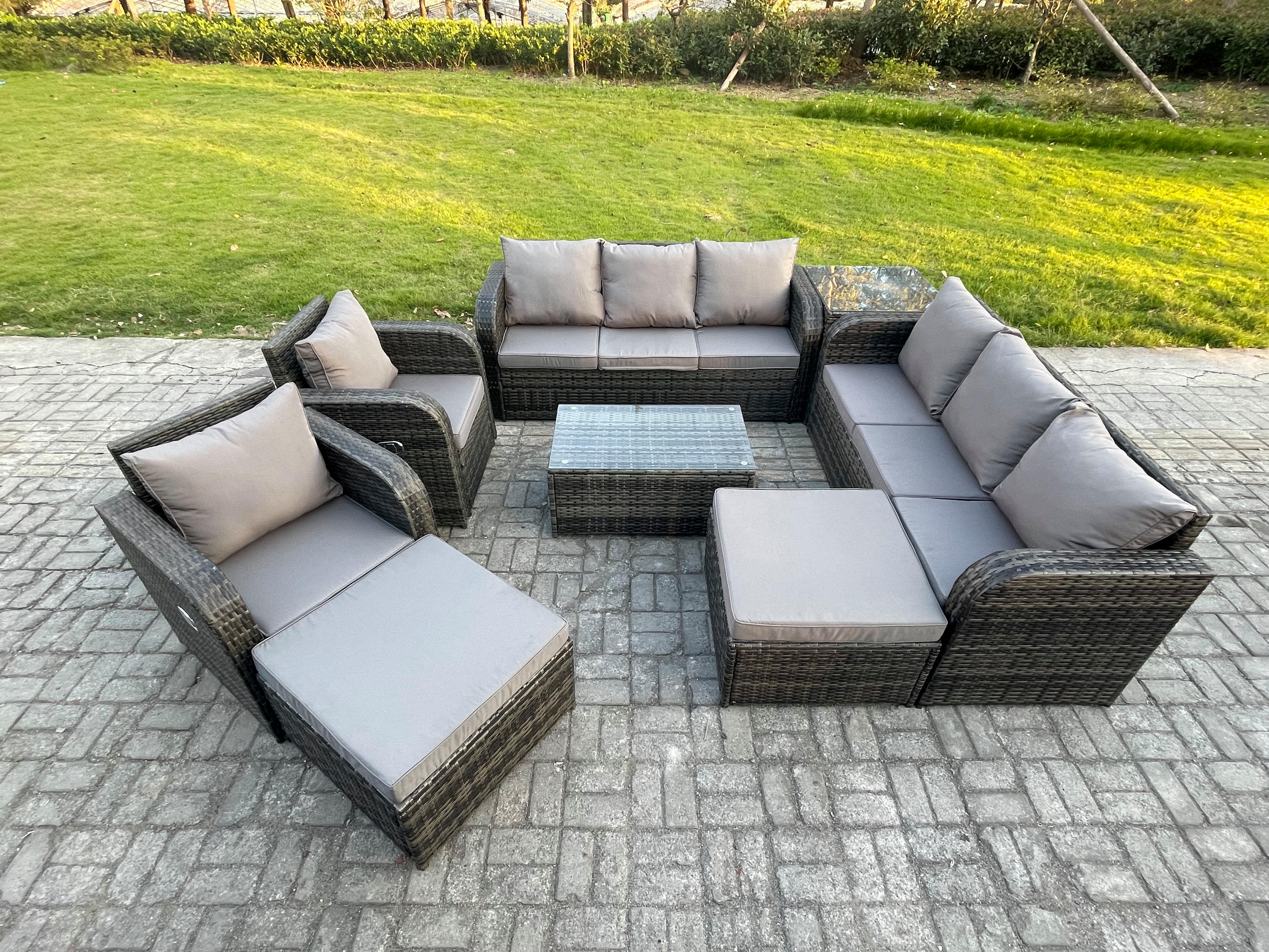 GARTENMÖBEL-SET mit Kissen Polyrattan Dunkelgrau 10-Sitzer - Dunkelgrau/Grau, Glas/Kunststoff - Fimous